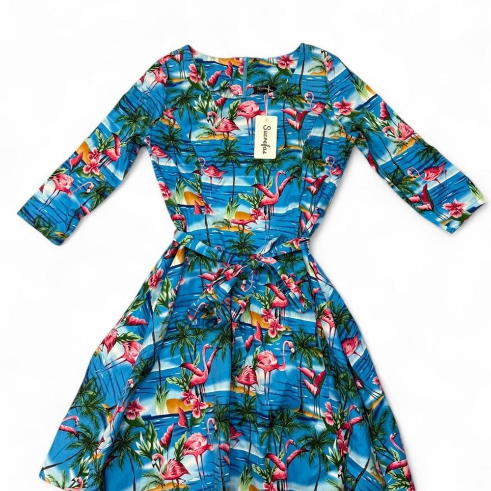 NWT Sucrefas Tropical Pink Flamingo A-Line Swing Dress Blue Womens XXL (US 12)